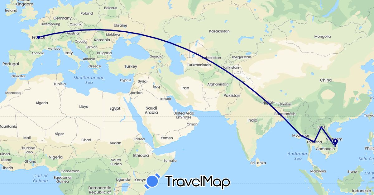 TravelMap itinerary: driving in France, Laos, Myanmar (Burma), Nepal, Thailand, Vietnam (Asia, Europe)